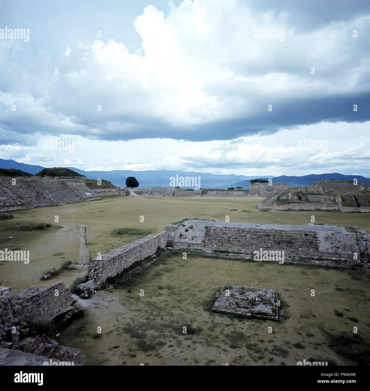 Vista parziale delle rovine archeologiche della città antica di Monte Alban. Foto Stock