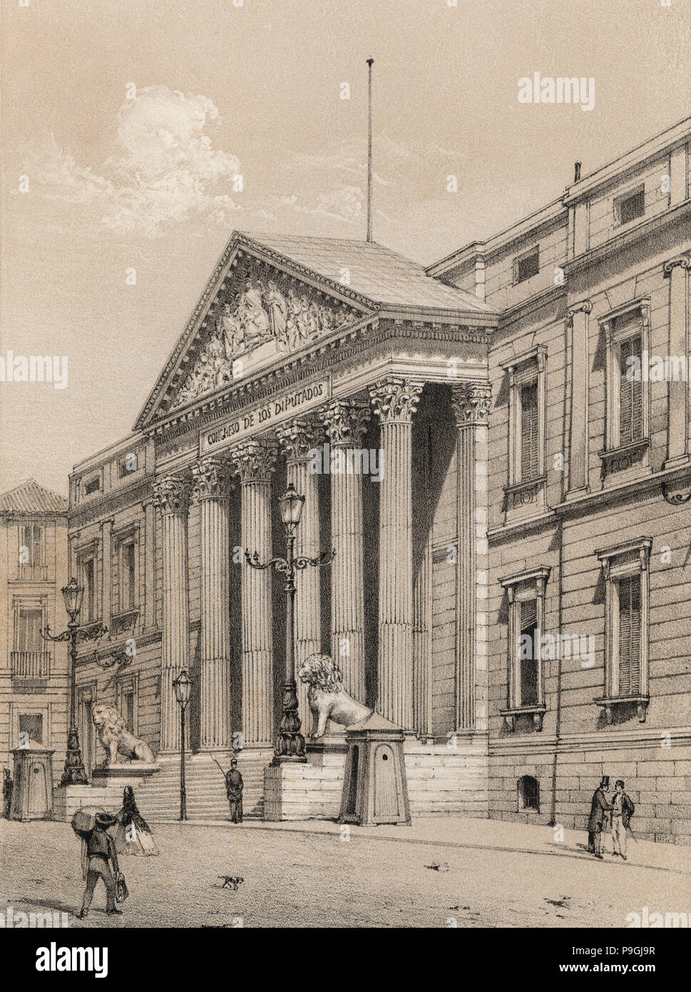 Palazzo del Congresso dei Deputati di Madrid, aperto nel 1850 dalla Regina Elisabetta II, 1870 incisione. Foto Stock