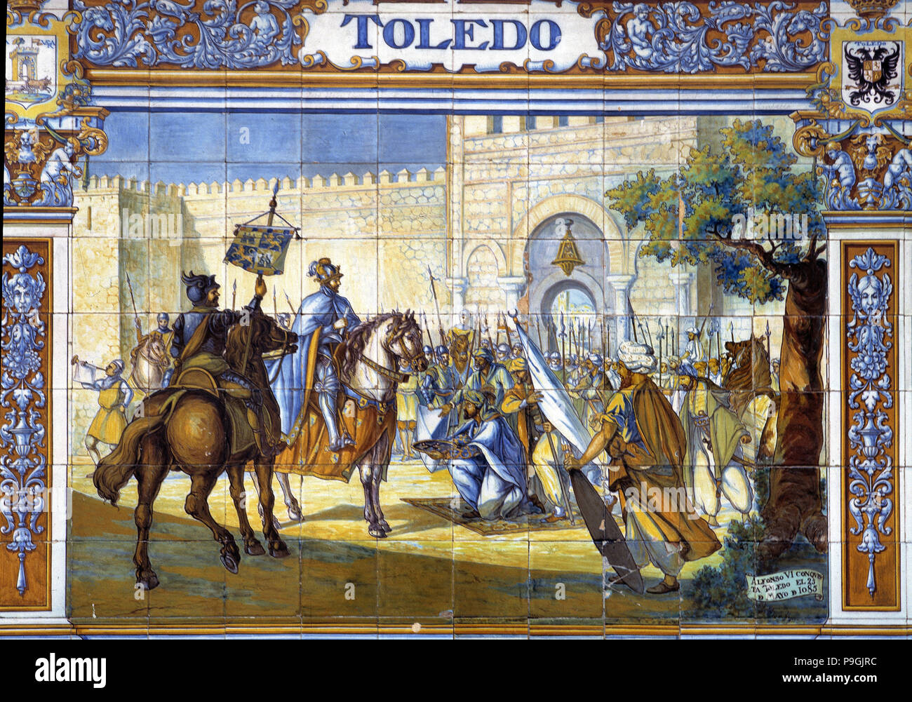 Conquista di Toledo di Alfonso VI di Castiglia, pannelli di piastrelle in piazza di Spagna a Siviglia. Foto Stock