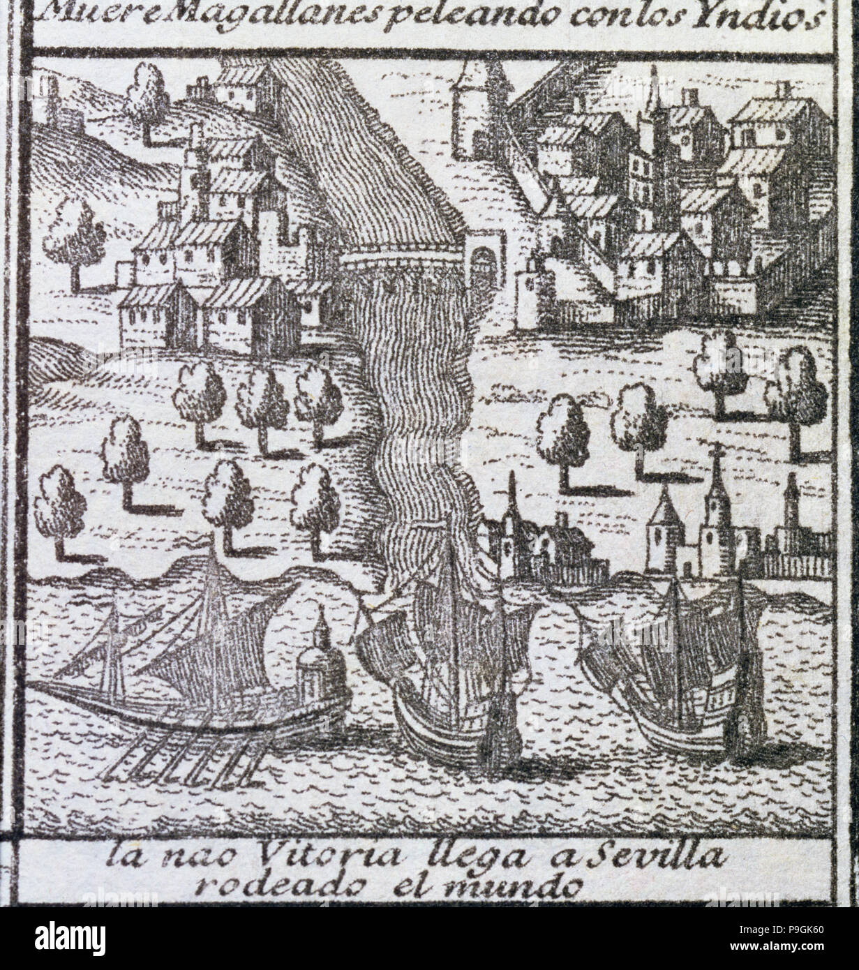 La nave Victoria all'arrivo a Siviglia nel 1522, fu una delle cinque navi di Magellano's exped… Foto Stock