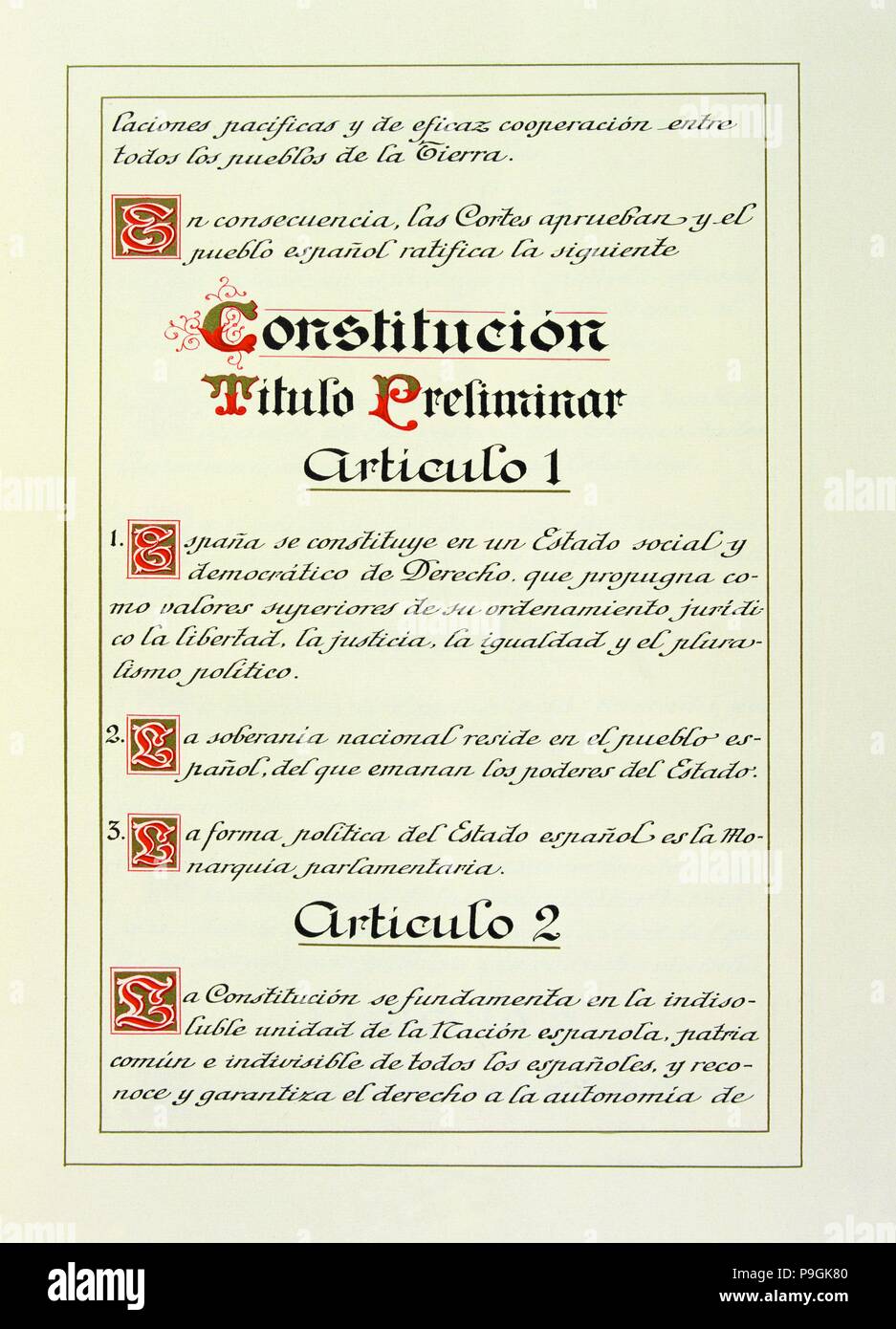 Titolo preliminare, articolo 1 della Costituzione spagnola di 1978. Foto Stock