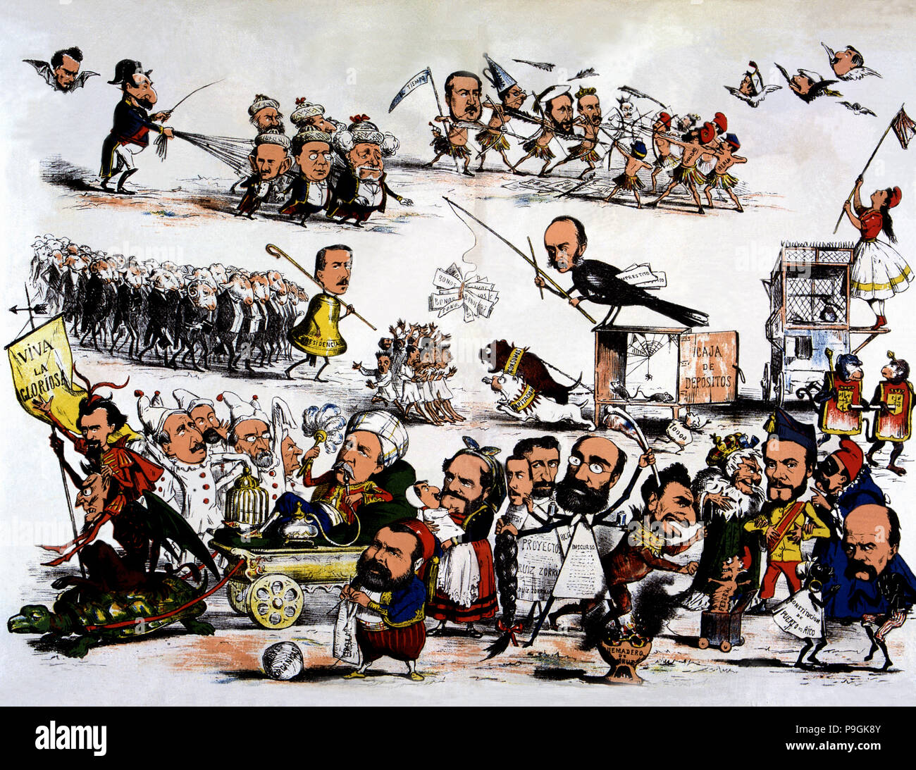 La rivoluzione del 1868, cartoon politico della rivoluzione che rovesciò Isabel II denominata "Glor… Foto Stock