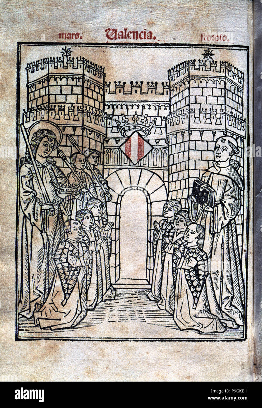 Coperchio dell'edizione stampata nel 1499 "Reggimento de la cosa Pública" (Regime degli affari pubblici) wit… Foto Stock