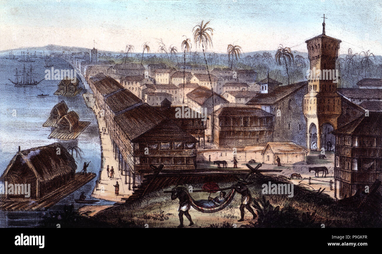 La città e il porto di Guayaquil, incisione a colori. Foto Stock