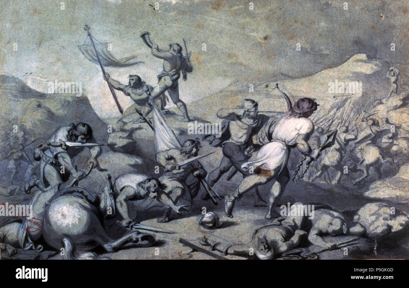 Battaglia di almogavars, disegno da Mariano Fortuny. Foto Stock