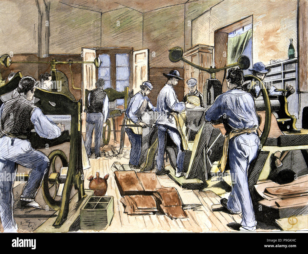 All'interno della fabbrica di scarpe di Sig. Soldevila, suole reparto taglio, nel 1874, incisione colorata in… Foto Stock