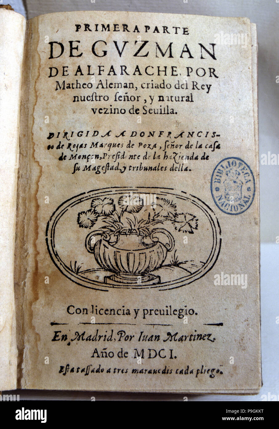 Coperchio della prima parte del lavoro 'Guzman Alfarache" Mateo Alemán, pubblicato nel 1601. Foto Stock