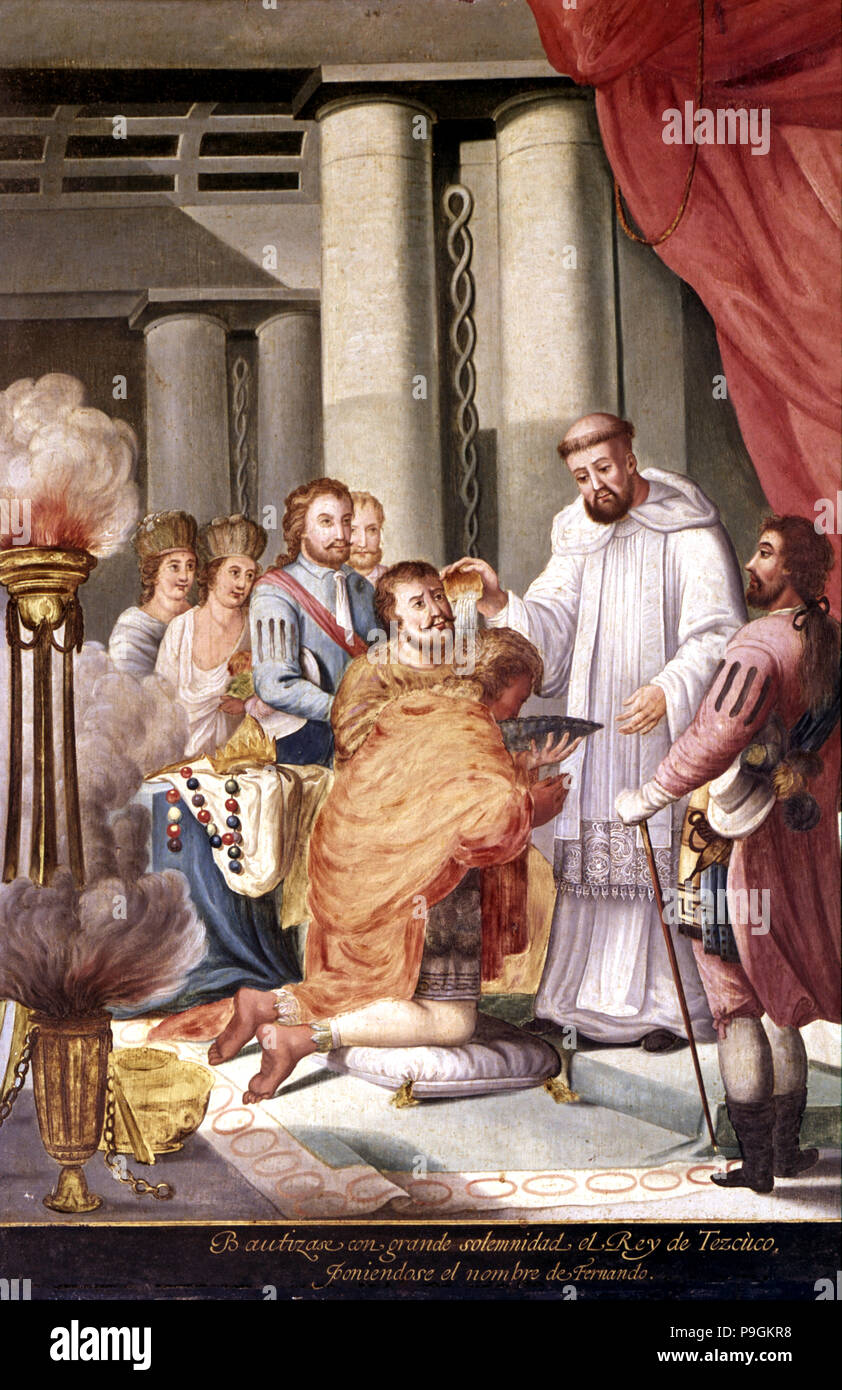 Battesimo del re di Texcoco in presenza di Hernán Cortés' serie di dipinti "conquista di… Foto Stock