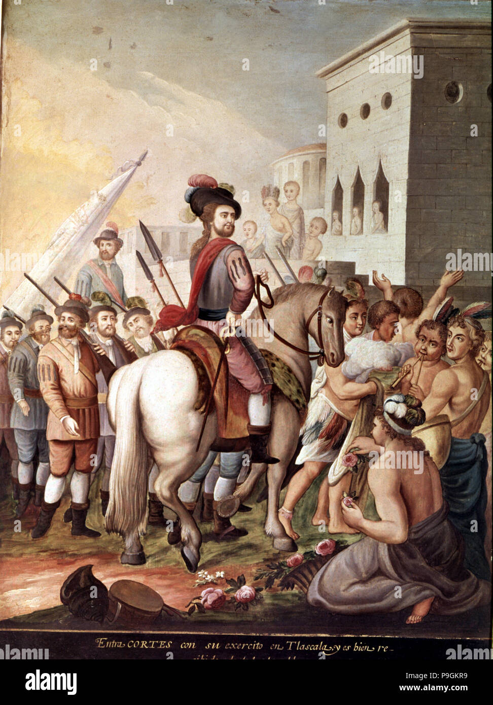 Entrata di Hernán Cortés in Tlaxcala', serie di dipinti 'Conquista del Messico". Foto Stock
