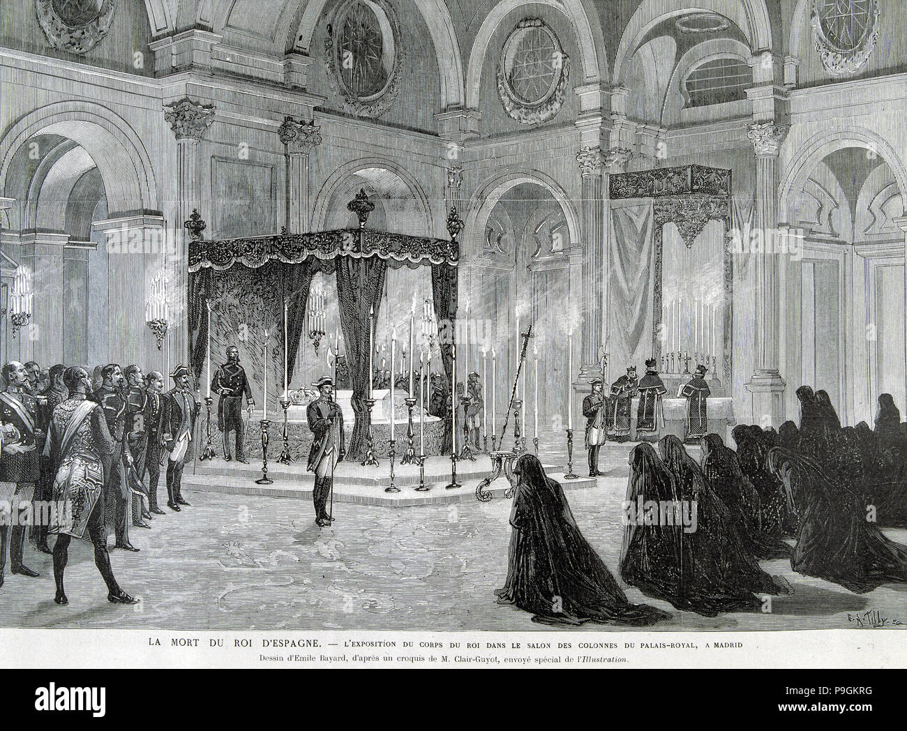Alla morte di Alfonso XII, esposizione del Re il corpo nella Sala delle Colonne del Palazzo Reale ho… Foto Stock
