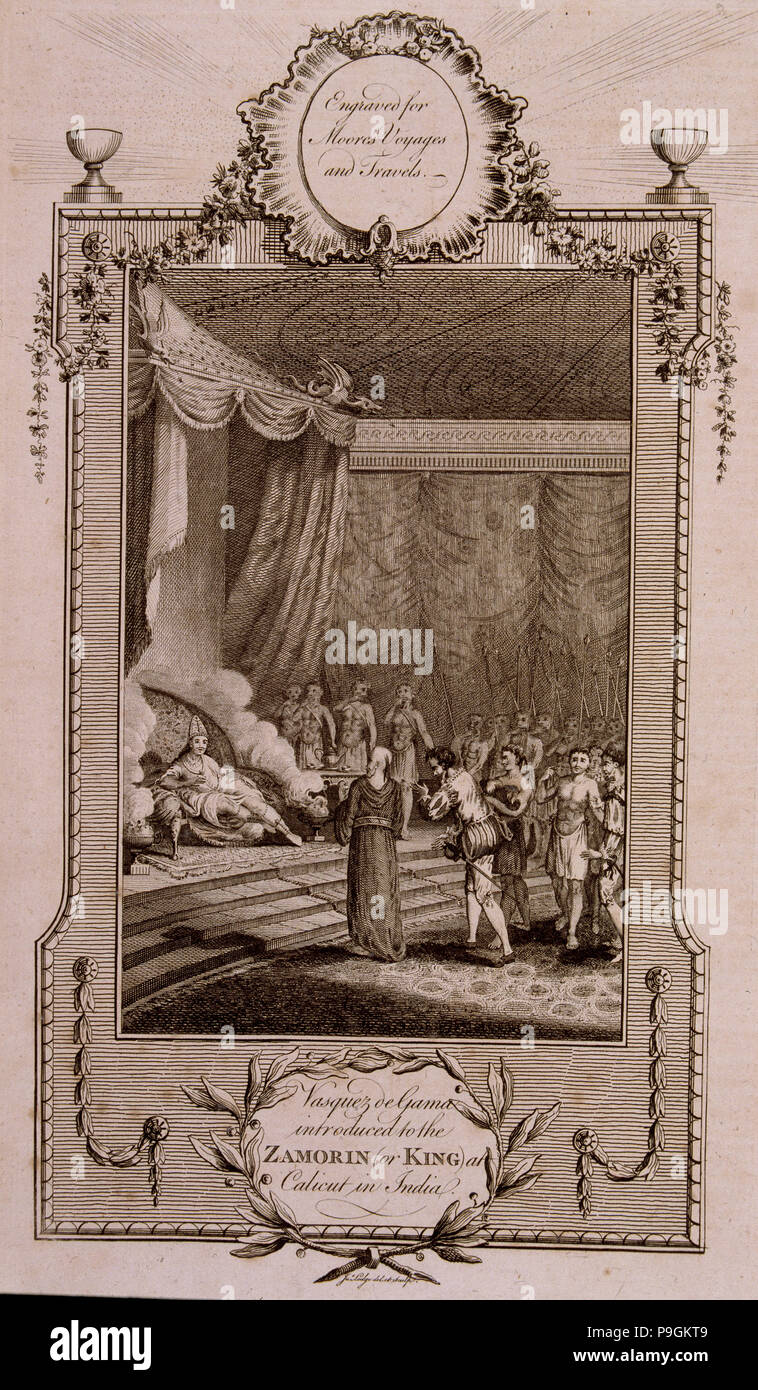 Vasco de Gama che precede il Zamorin (o re) di Calicut, incisione nel lavoro "Voyages un… Foto Stock