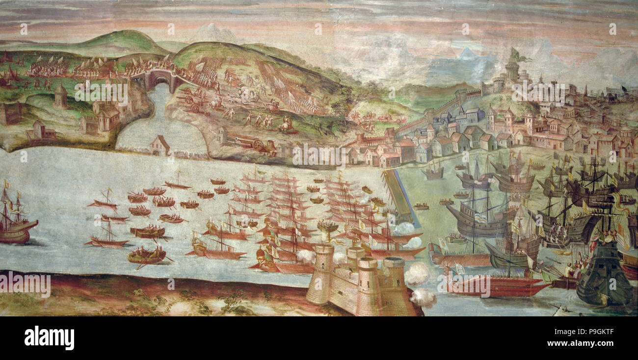 "L'entrata della flotta di Lisbona", affresco nella sala del Portogallo nel palazzo del Marchese o… Foto Stock