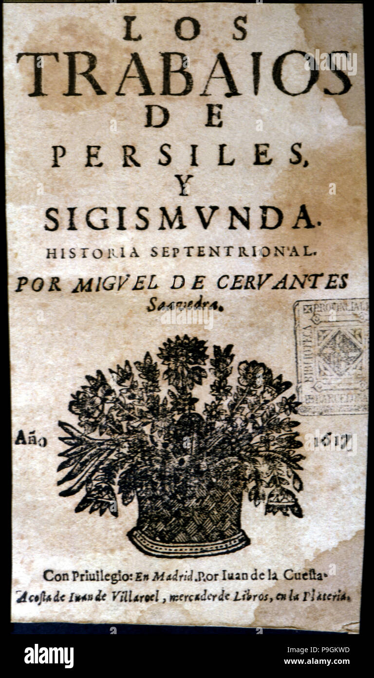 Coperchio del 'Los trabajos de Persiles y Sigismunda" (Opere di Persiles e Sigismunda) da Miguel de … Foto Stock