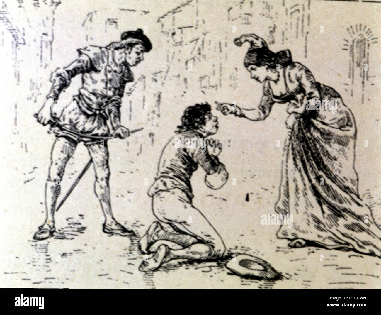 Incisione, un povero dinanzi a una signora in una edizione di "La Comedie Espagnole' da Lope de Rueda, 1883. Foto Stock