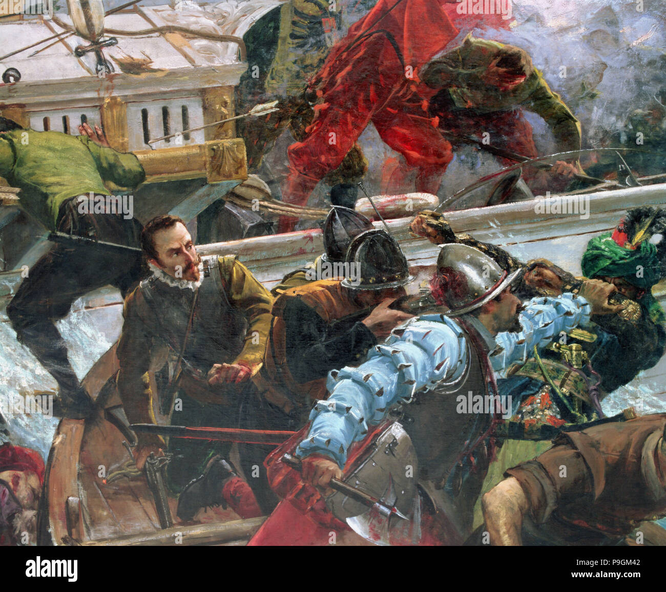 La battaglia navale di Lepanto, una battaglia comandata da Juan di Austria su 07.10.1571, Olio, 1887. Foto Stock
