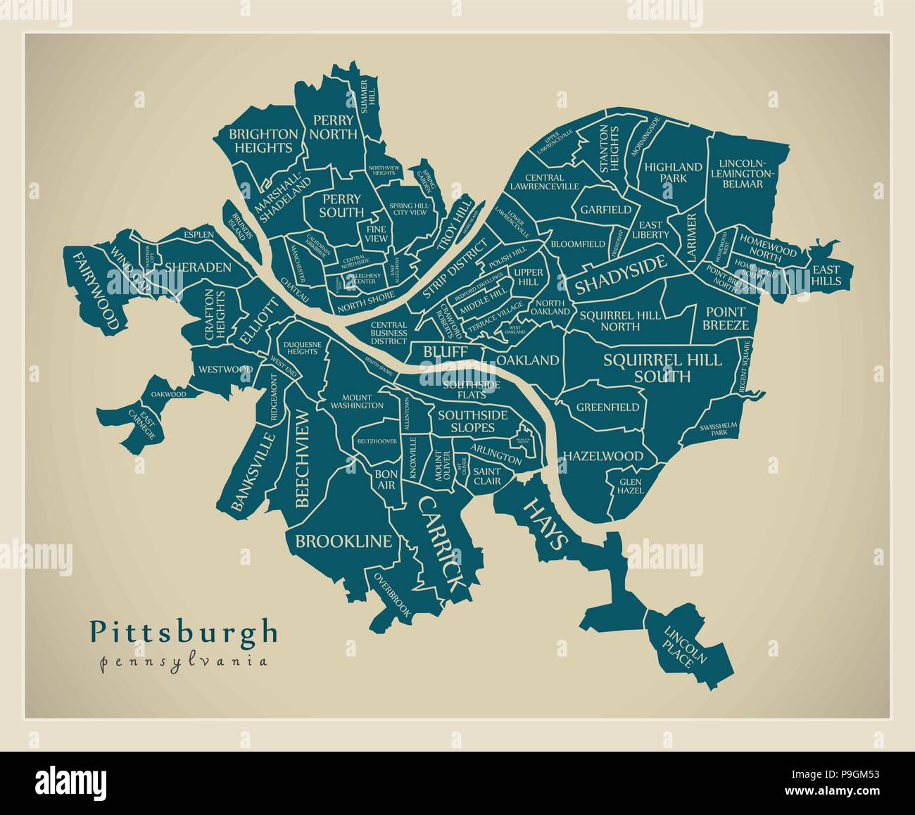 Città moderna mappa - Pittsburgh Pennsylvania città degli Stati Uniti con i quartieri e titoli Illustrazione Vettoriale
