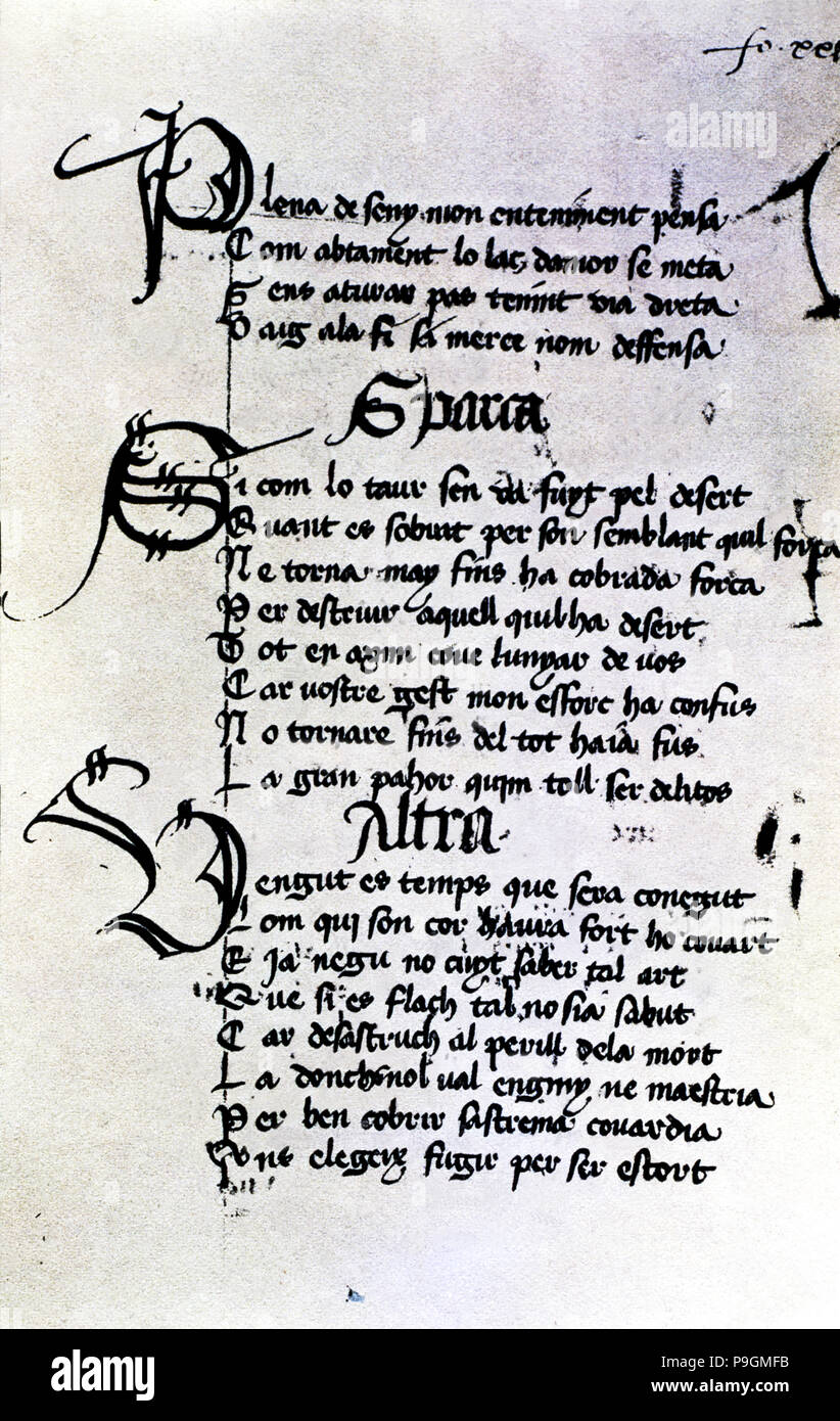 Manoscritto di Ausias March, folio XXIX, XXVIII poesie, scrittura gotica ornata con sigla wit… Foto Stock