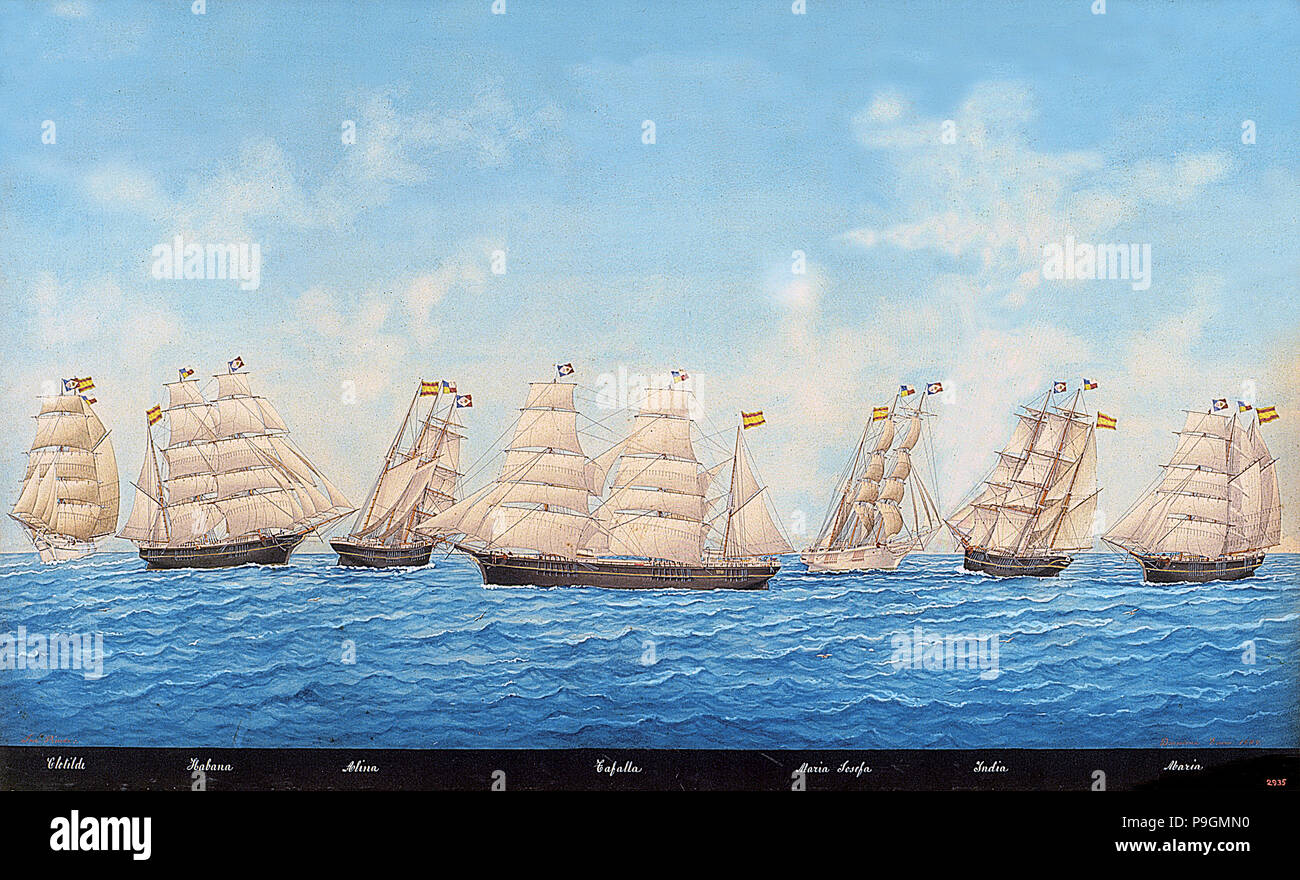 Barche a vela flotta dalla compagnia di navigazione Balcells y Subirán, xix secolo. Foto Stock