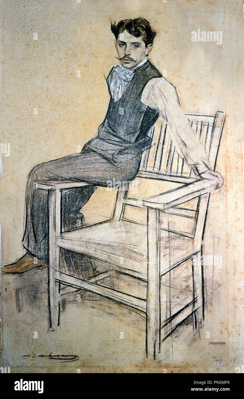 Ritratto di Eduardo Marquina y Angulo (1879 - 1946). Lo scrittore spagnolo, disegno a carboncino da Ramon Ca… Foto Stock
