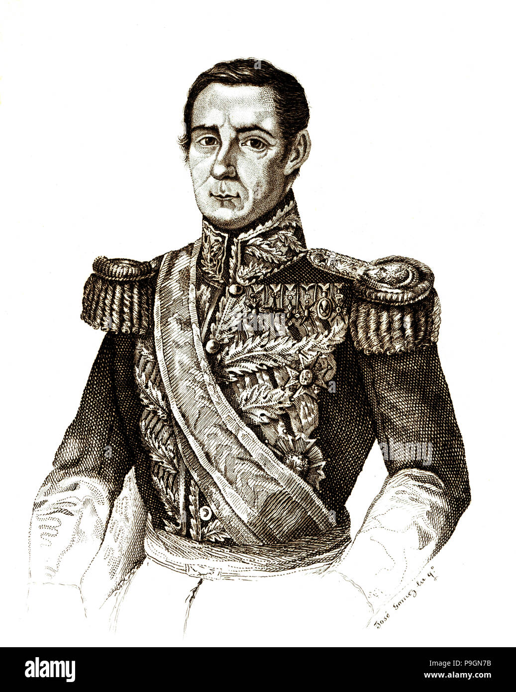 Geronimo Valdes, Lt. Gen. dell'esercito di Elizabeth II durante la prima guerra carlista, incisione 1845. Foto Stock