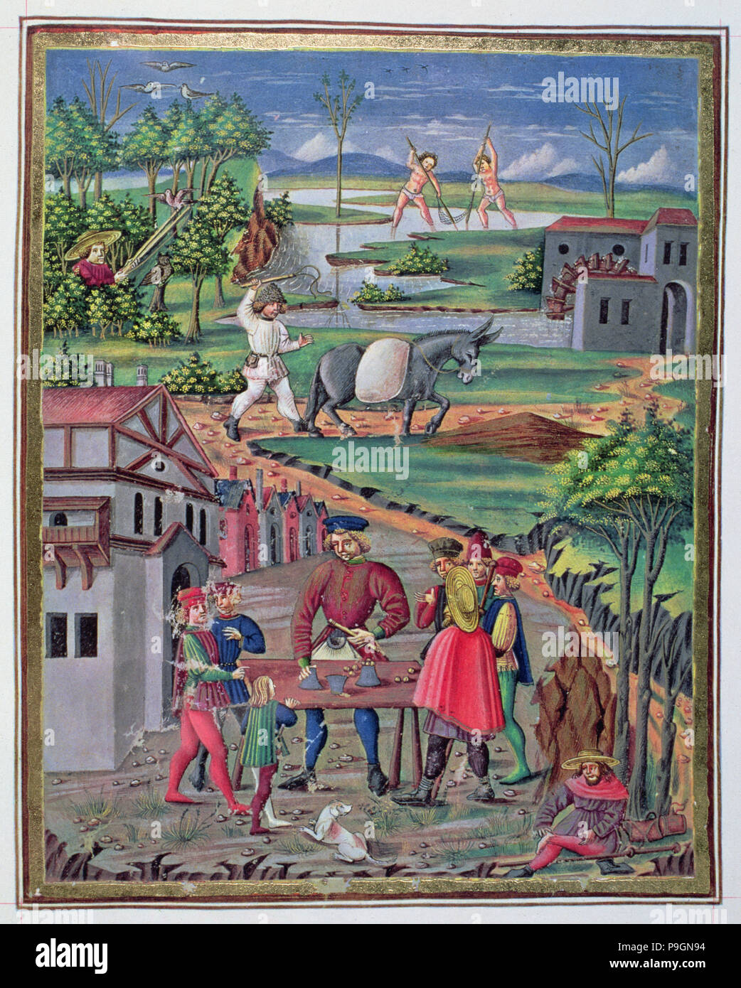 La vita di campagna e la mano giochi, illustrazione in 'De Sphera', manoscritto illuminato del XV secolo. Foto Stock