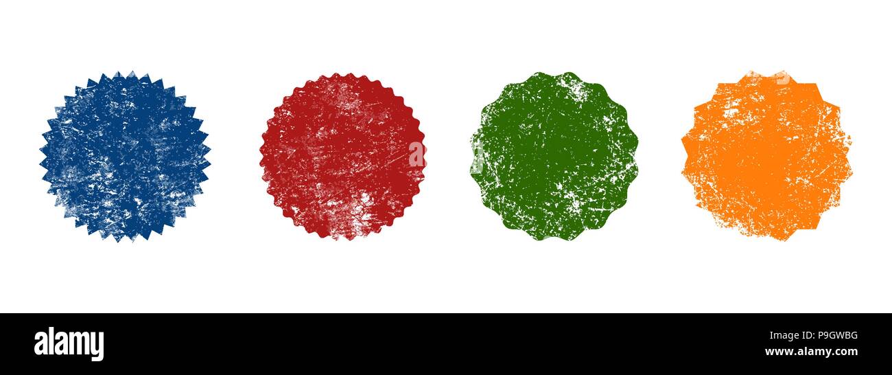 Close up per diversi colorati guarnizione retrò grunge badge timbro forme isolate su sfondo bianco Illustrazione Vettoriale