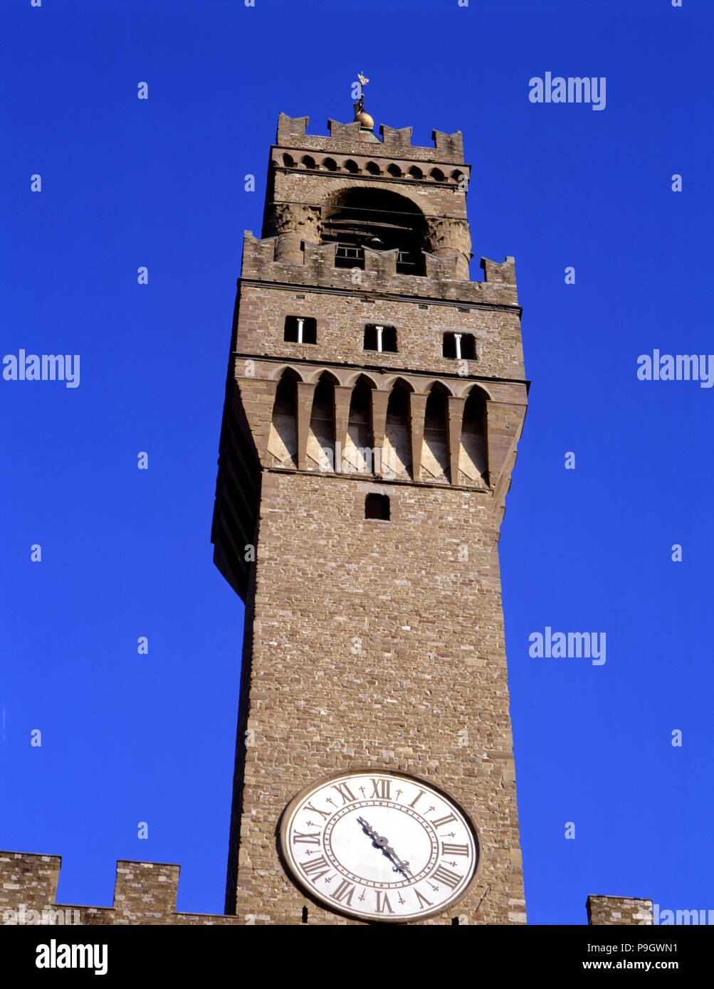 Dettaglio della torre di Palazzo Vecchio. Foto Stock