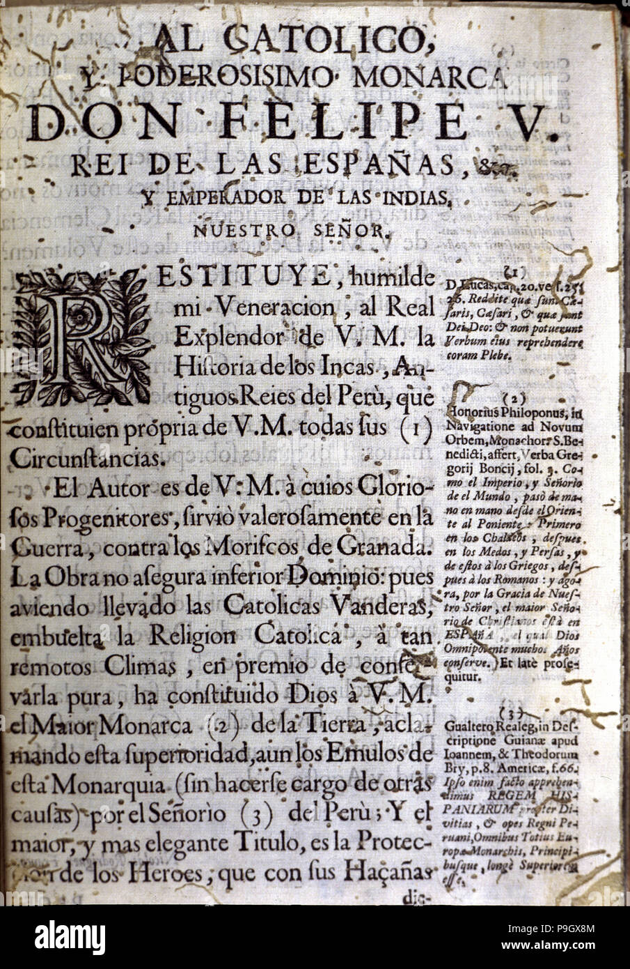 La prima pagina del libro 'Comentarios Reales' (Royal i commenti), edizione del 1723 con un dedicato… Foto Stock