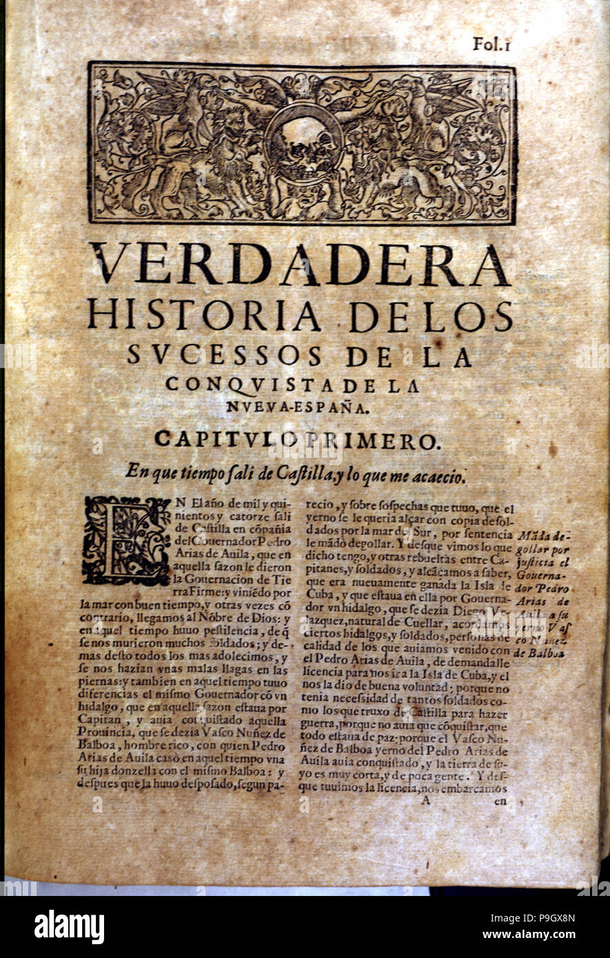 Pagina anteriore del libro "Historia verdadera de la conquista de la Nueva España" (la vera storia del… Foto Stock