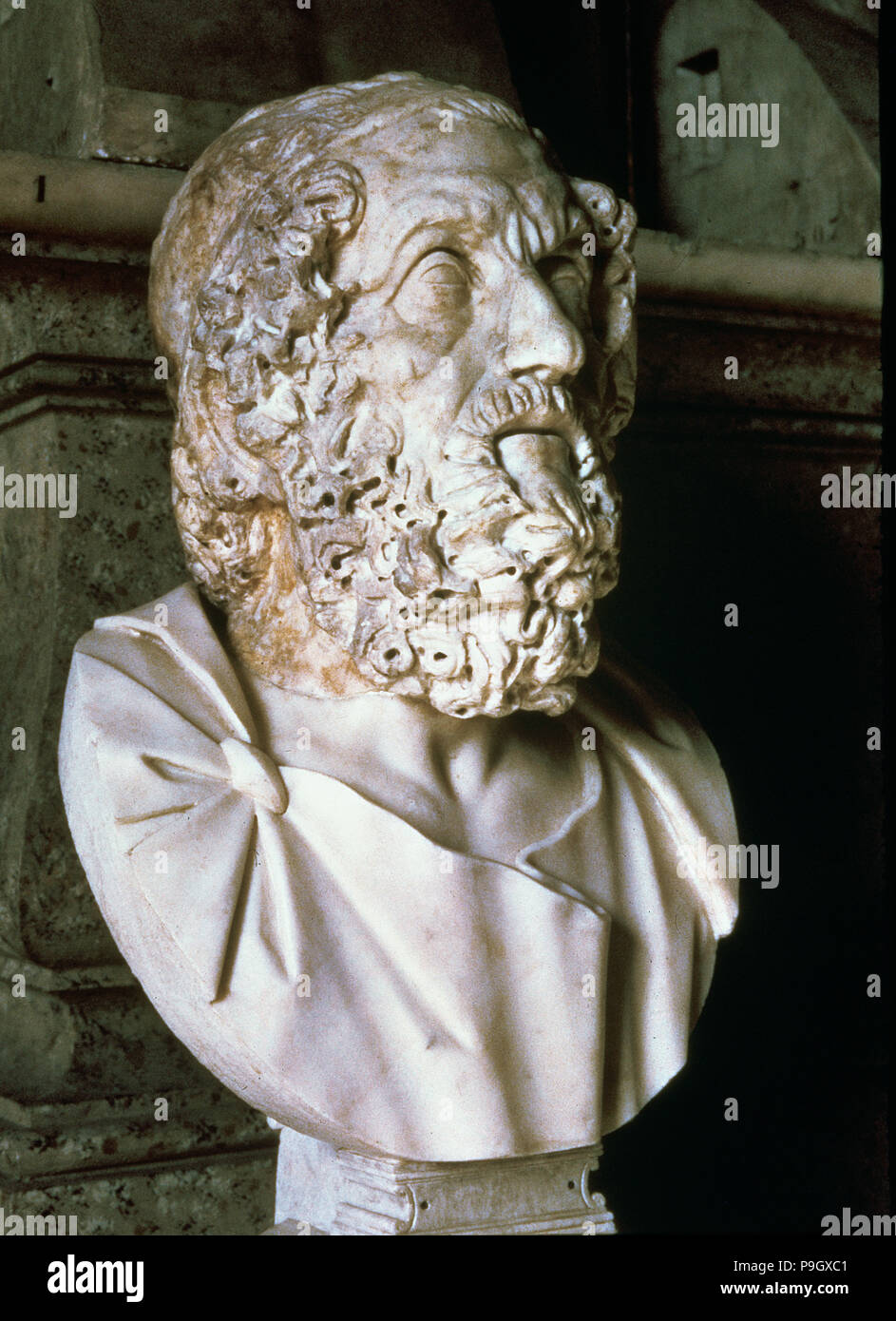 Omero (c. 850 a.C.), Greco poeta epico, busto, copia romana. Foto Stock