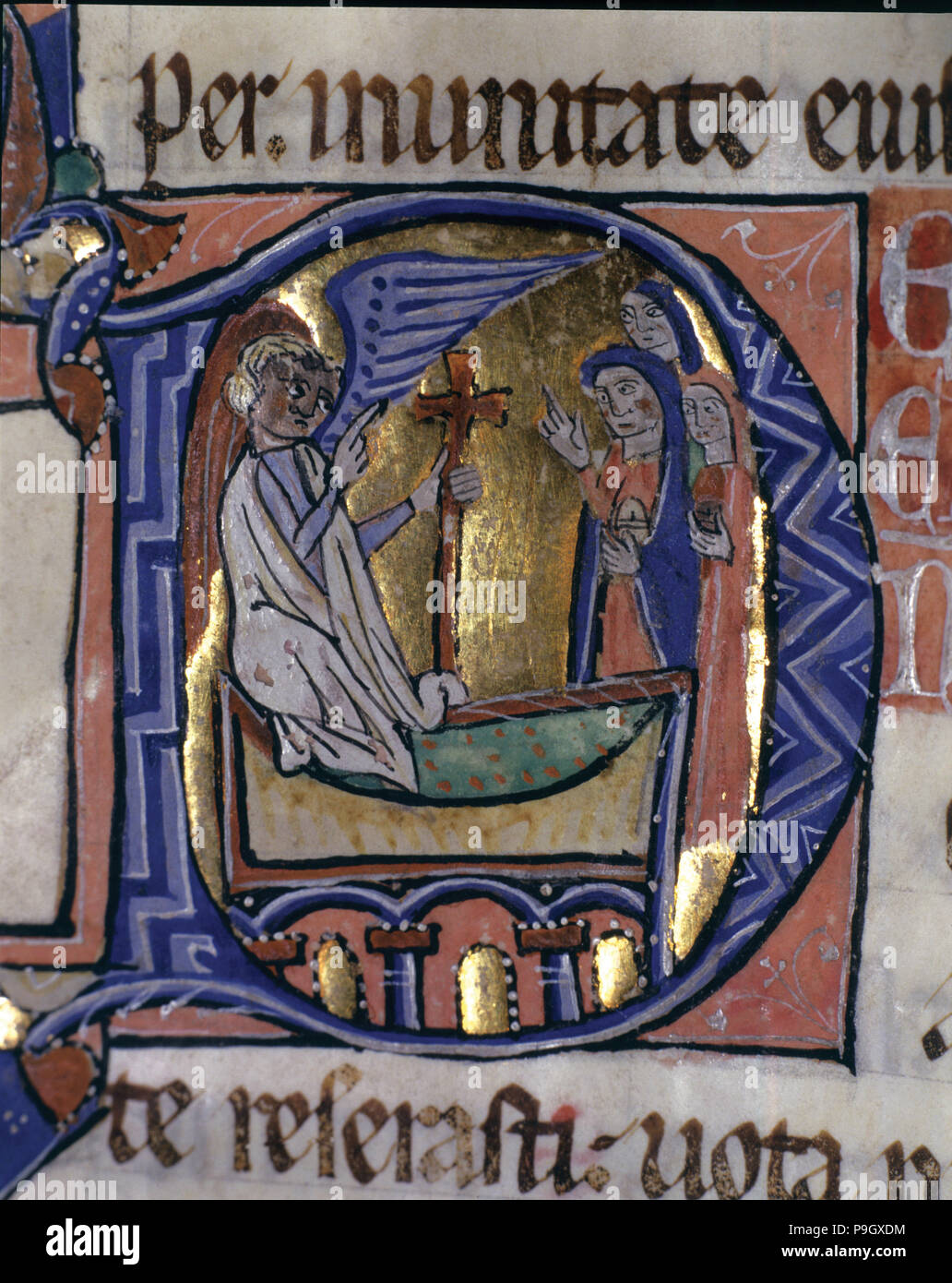 Le tre Marie presso la tomba, illuminata lettera maiuscola nel 'il Sacramentario episcopale di Elna', … Foto Stock