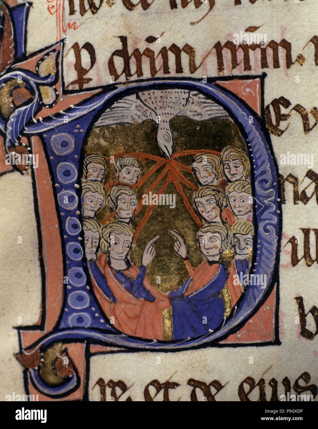 La Pentecoste, illuminata lettera maiuscola nel 'il Sacramentario episcopale di Elna', manoscritto su parchm… Foto Stock