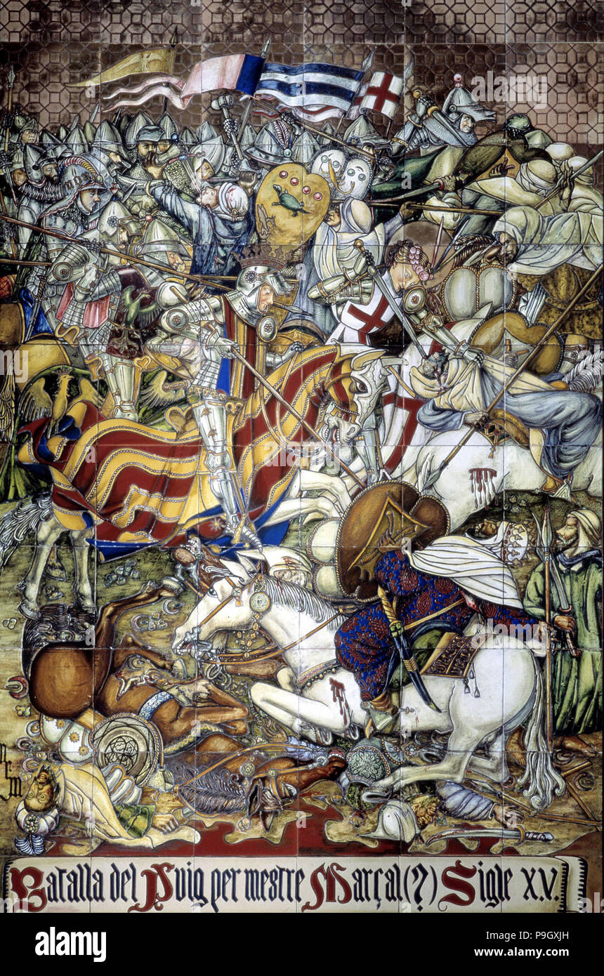 La battaglia di Puig' 1237 piastrella ceramica pannello con Jaime I el Conquistador'' (1208-1276), re di … Foto Stock