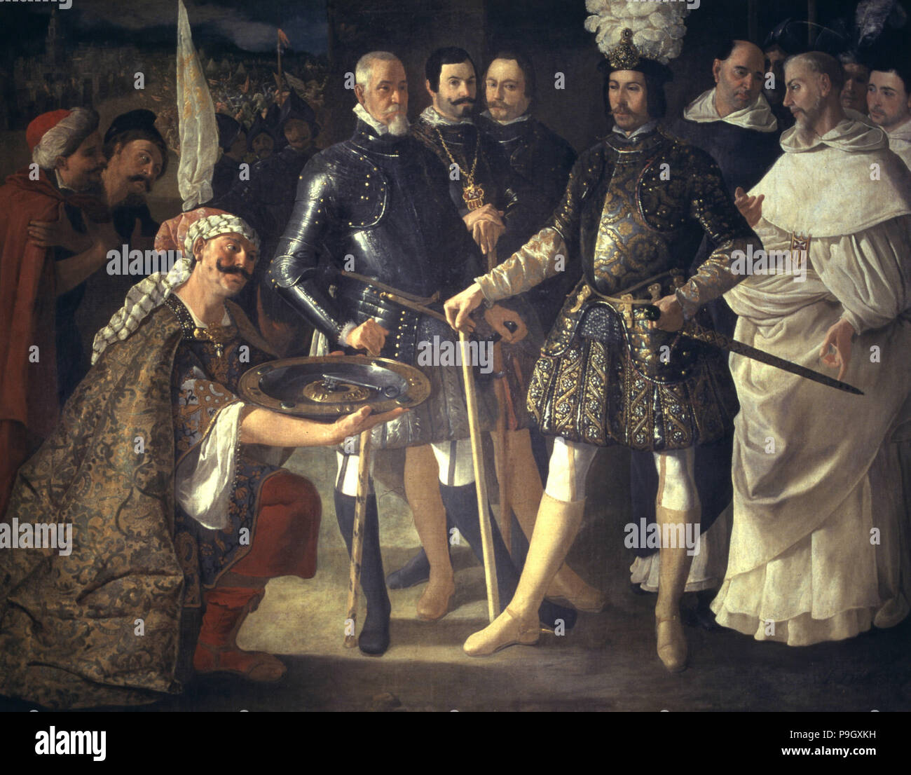 La rinuncia di Siviglia " la pittura ad olio su tela con Fernando III El Santo' (1201-1252), re o… Foto Stock