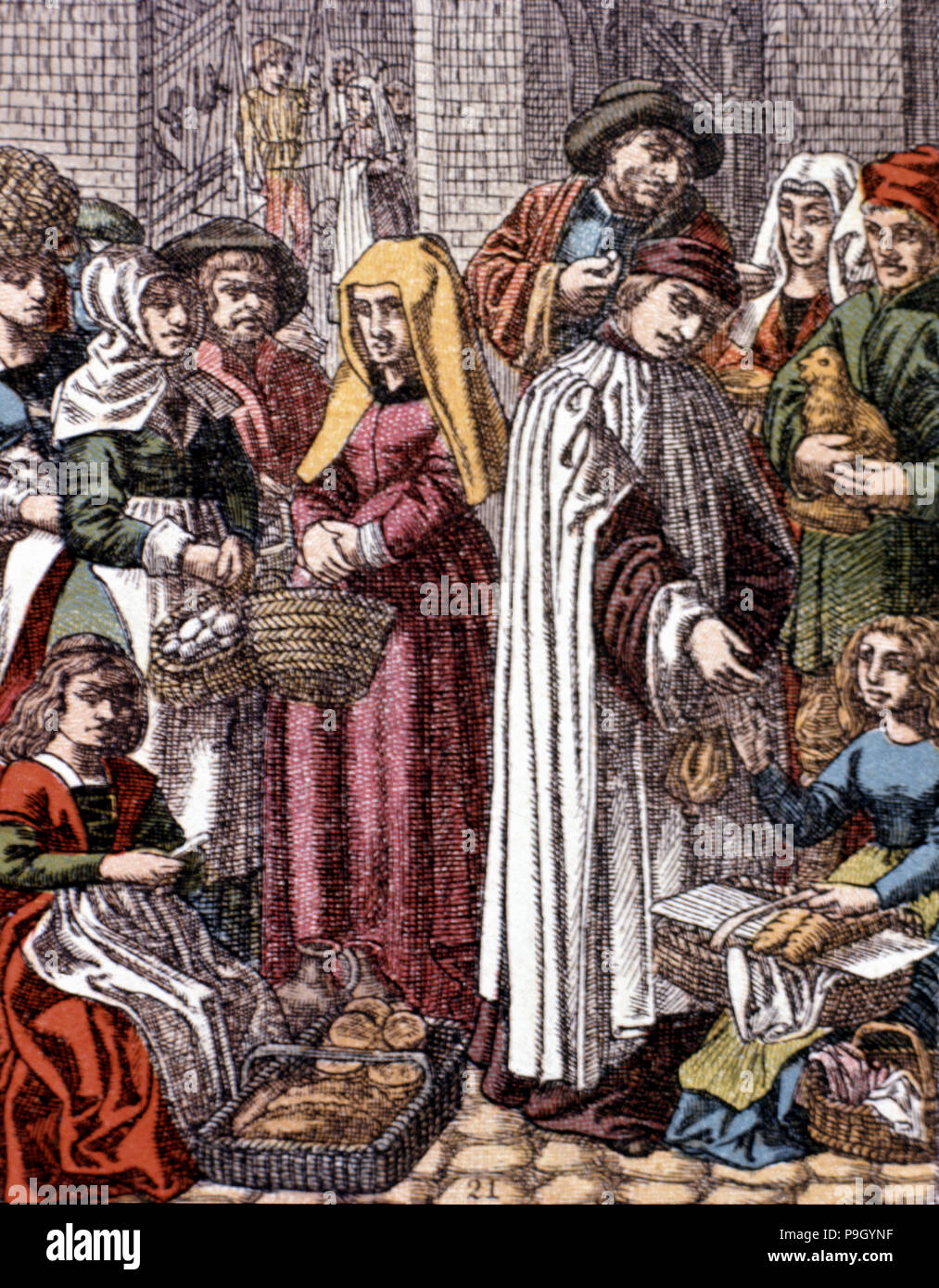 La vita medievale, il mercato alla fine del 1400, in una incisione di Hotteroth, 1870. Foto Stock