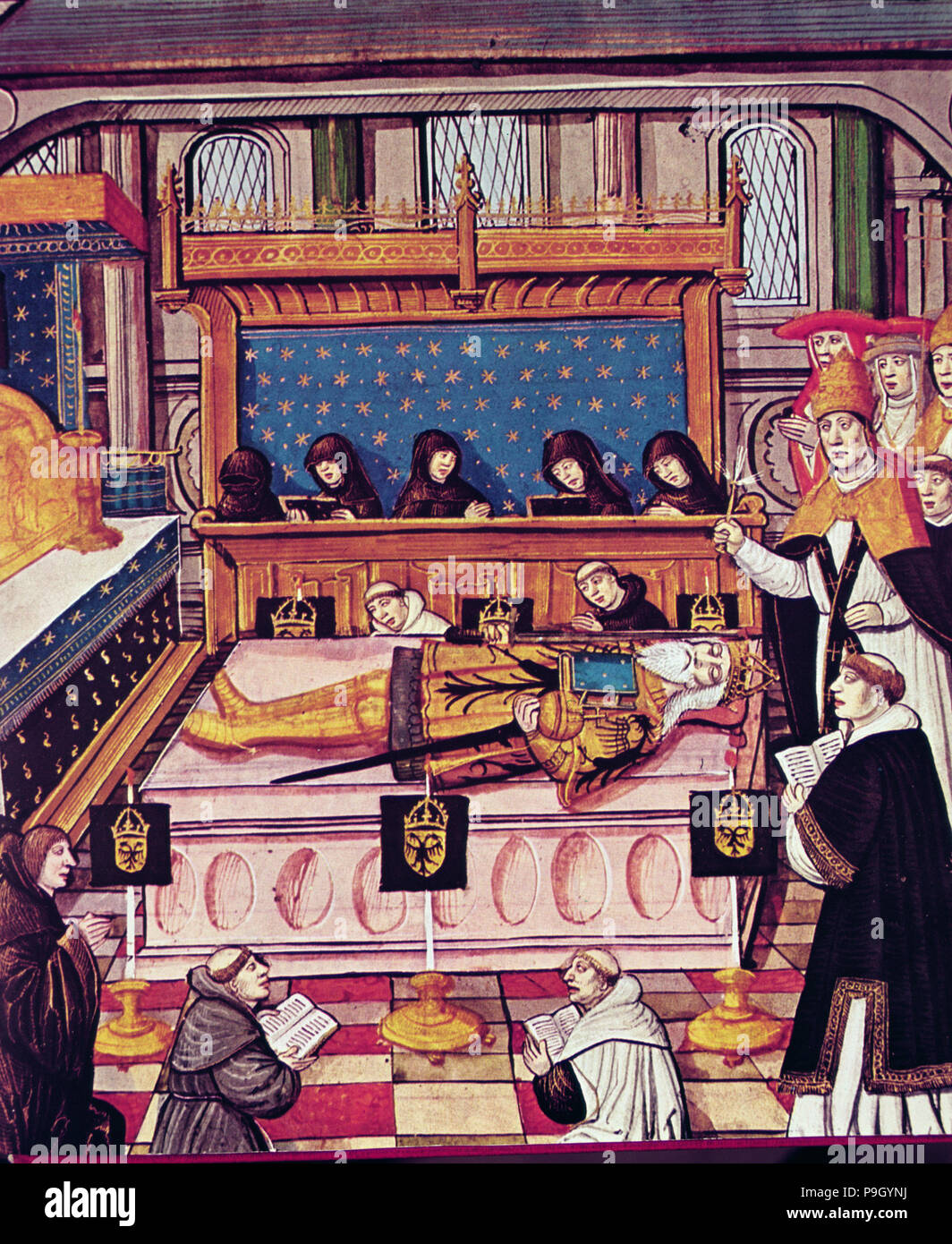La morte di Carlo Magno (814), in miniatura del XIV secolo. Foto Stock