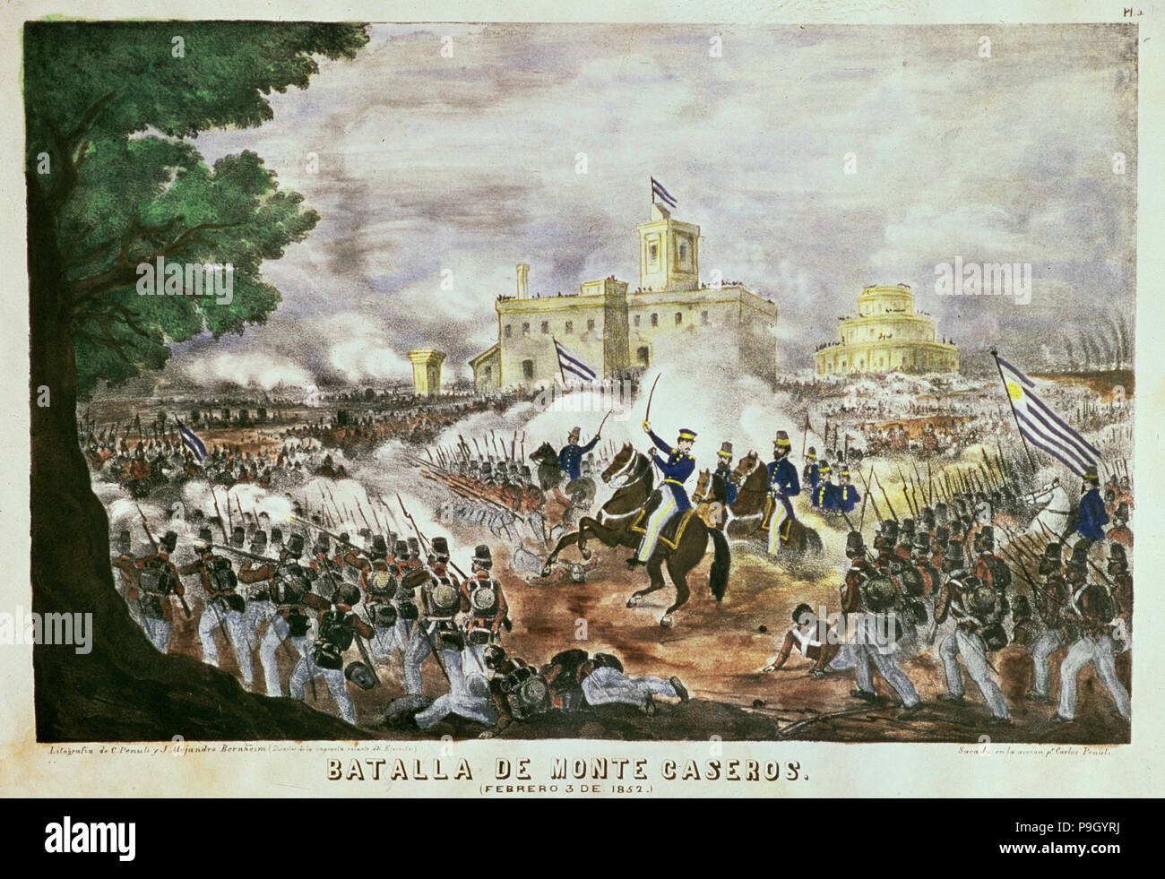 Battaglia di Monte Caseros 1852, litografia. Foto Stock