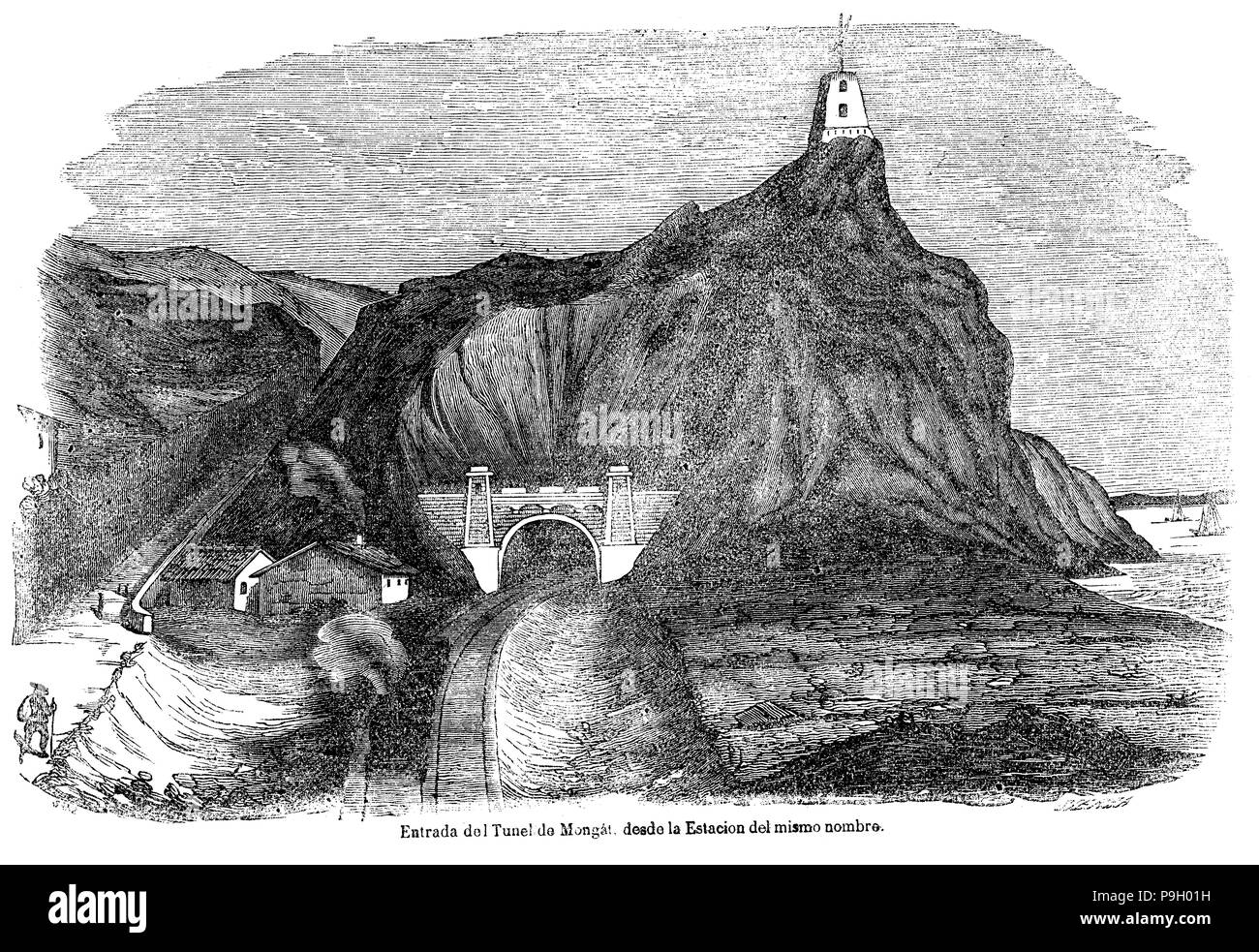In Tunnel di Montgat della linea ferroviaria Barcelona-Mataró, incisione, 1849. Foto Stock
