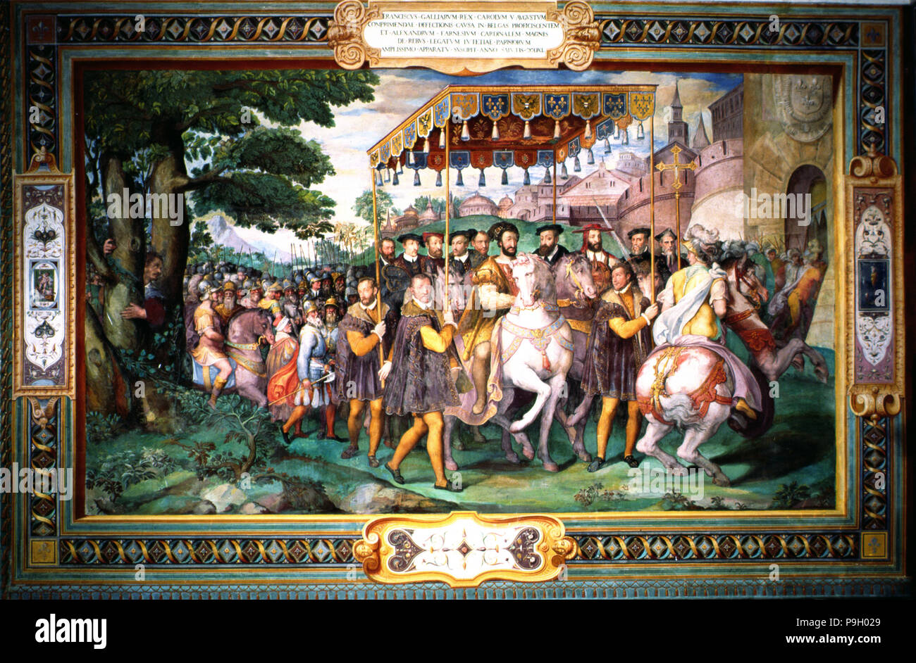 Solenne ingresso di Francesco I di Francia, l'imperatore Carlo V e il cardinale Alessandro Farnese a Parigi … Foto Stock