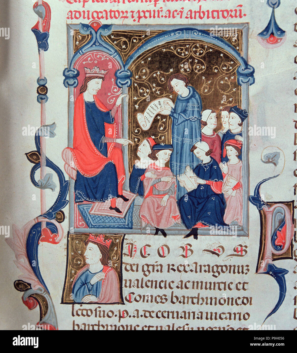 Re Giacomo I il Conquistatore (1213 - 1276) presiedere una sessione del Parlamento. Miniatura in '… Foto Stock