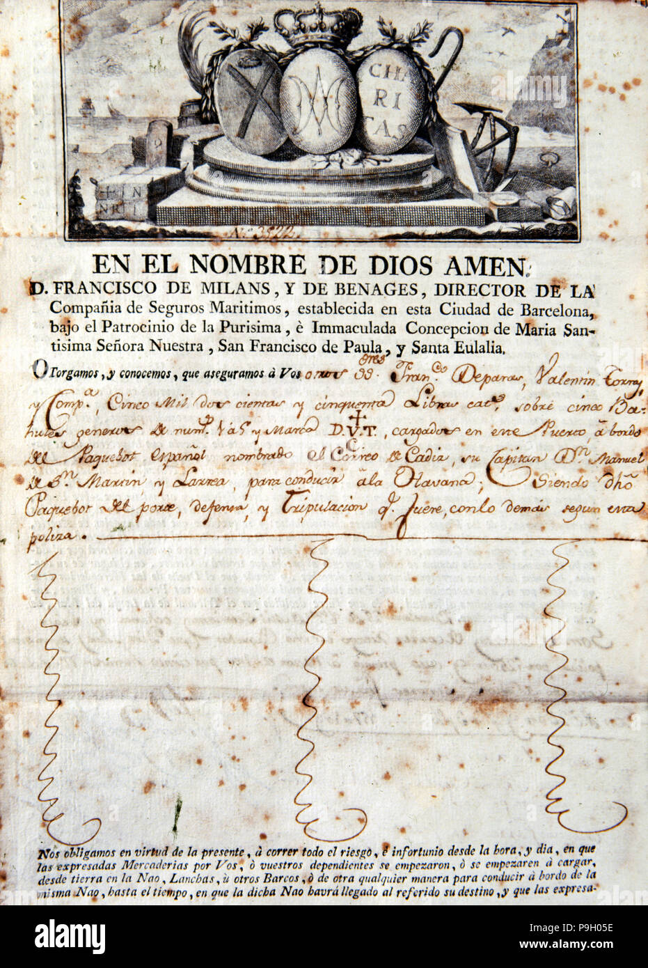 Contratto di assicurazione rilasciato dalla " Compañía de Seguros Marítimos de Barcelona' (assicurazioni marittime Com… Foto Stock