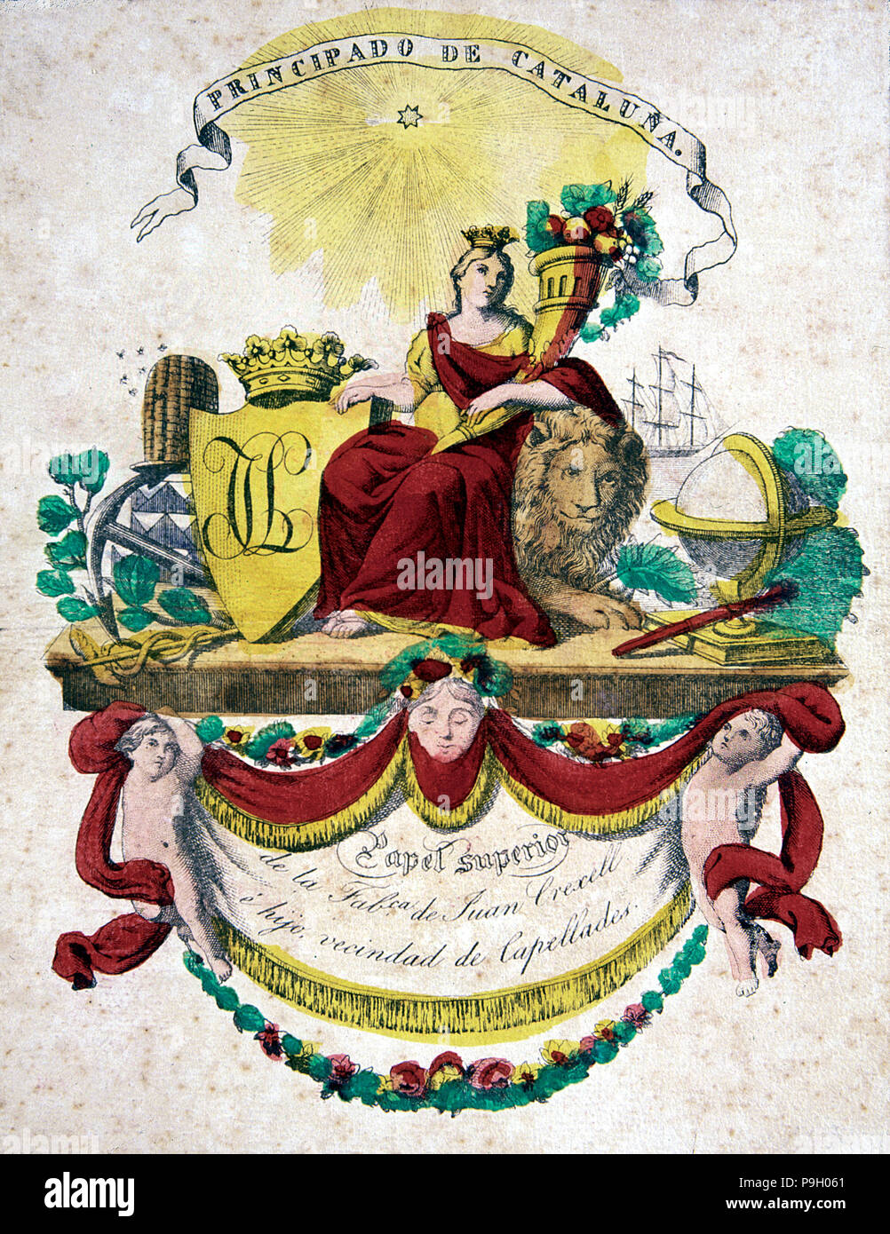 Lato coperchio colorato del Museo della Carta in Capellades, xilografia. Foto Stock