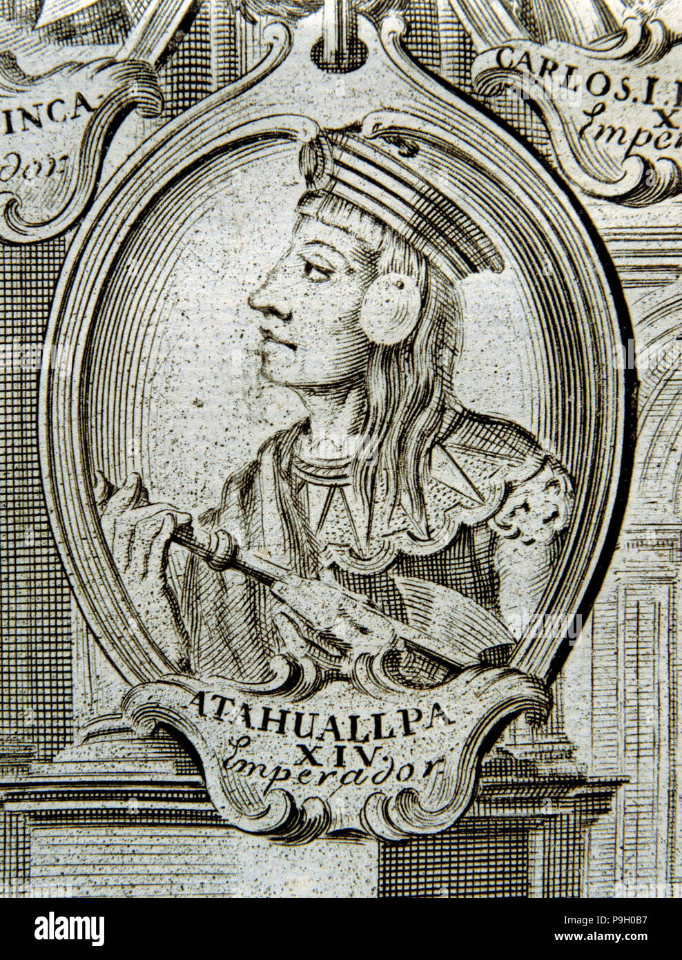 Atahualpa (1500-1533), ultimo imperatore del Perù, dettaglio dell'incisione "astronomico e Obser fisico… Foto Stock