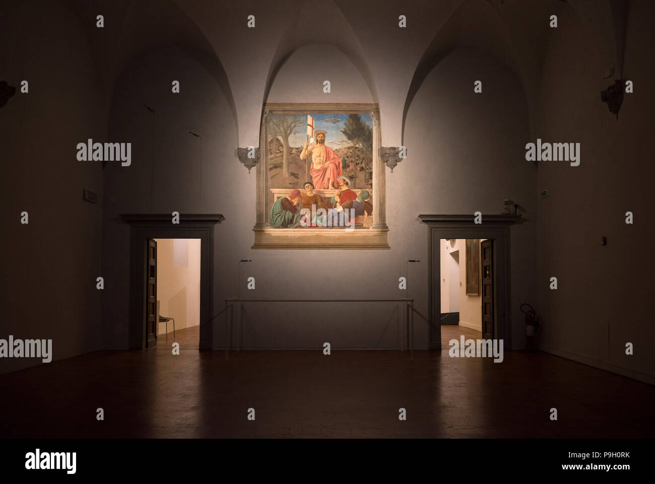 Piero Della Francesca affreschi nel Museo Civico, Sansepolcro, Toscana, Italia. Giugno 2018 La risurrezione il recentemente restaurato affreschi del XV secolo Foto Stock