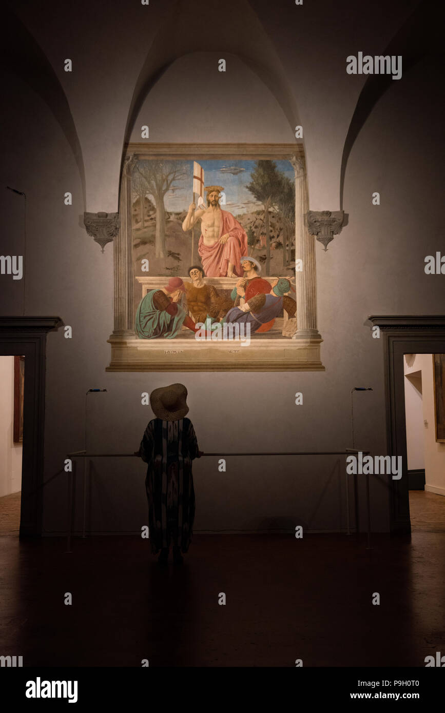 Piero Della Francesca affreschi nel Museo Civico, Sansepolcro, Toscana, Italia. Giugno 2018 La risurrezione il recentemente restaurato affreschi del XV secolo Foto Stock