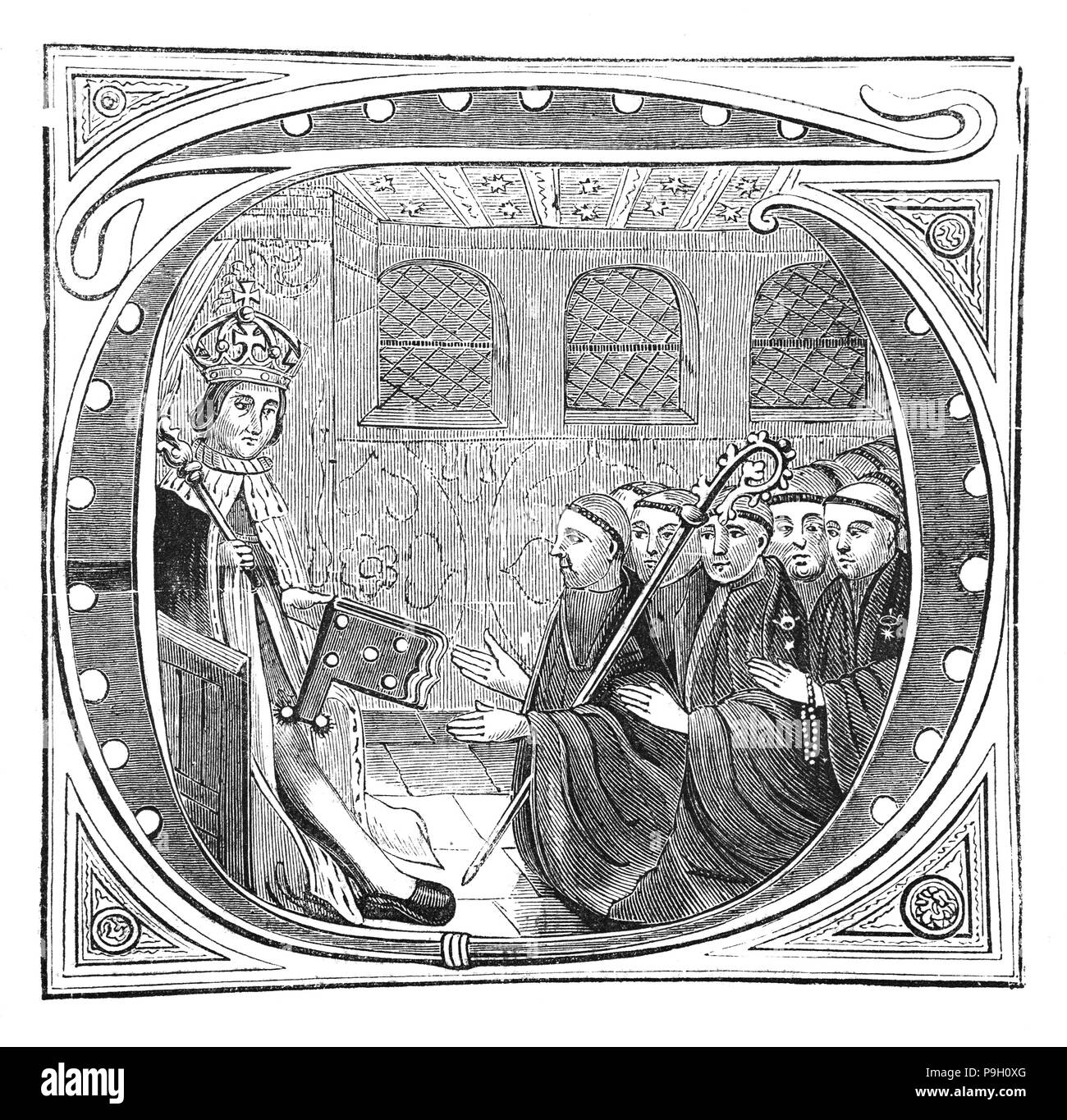 John Islip (1464-1532) era abate del monastero di Westminster a Londra. Egli è stato 36 anni fu eletto abate il 27 ottobre 1500 ed è stato un amico sia di Enrico VII ed Enrico VIII, diventando un consigliere Privy. Visto qui all'inizio del XVI secolo, ricevendo dal re Enrico VII libro di indipendenza che specifica il numero di masse in occasione di una morte reale. Foto Stock
