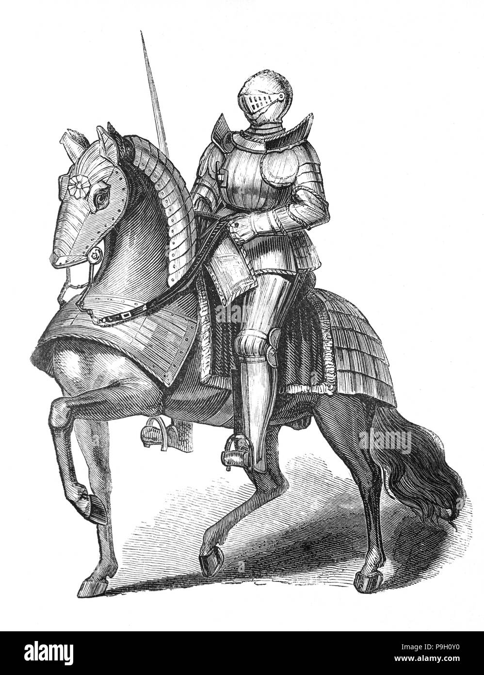 Enrico VII (1457 - 1509), il primo sovrano della casa di Tudor su horesback indossando full body armour. Egli divenne Re di Inghilterra e signore di Irlanda a seguito del suo sequestro della corona il 22 agosto 1485, quando le sue forze sconfitto re Richard III nella battaglia di Bosworth Field, il culmine delle guerre di rose. Egli è stato l'ultimo Re di Inghilterra per vincere il suo trono sul campo di battaglia. Egli ha cementato la sua rivendicazione da sposare Elisabetta di York, figlia di Edward IV e nipote di Richard III. Henry ha avuto successo nel ripristinare la potenza e la stabilità della monarchia inglese dopo la guerra civile. Foto Stock