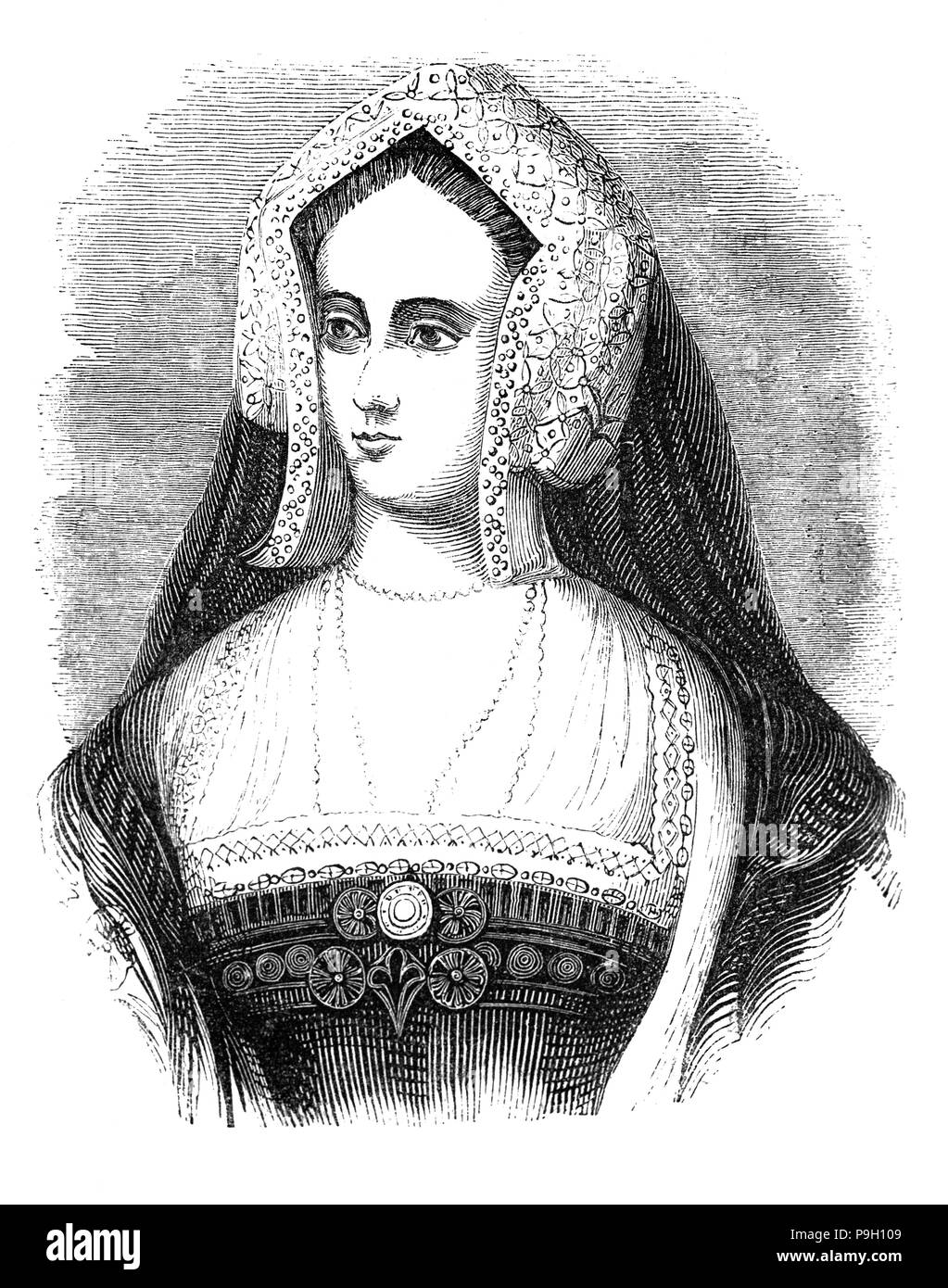 Un ritratto di Caterina d'Aragona ( 1485 - 1536), regina d'Inghilterra dal giugno 1509 fino al maggio 1533 come la prima moglie di re Enrico VIII. Per un periodo di sei mesi nel 1513, ha servito come reggente di Inghilterra mentre Enrico VIII era in Francia. Dal 1525, Henry VIII è stato infatuated con Anne Boleyn e insoddisfatto che Caterina aveva prodotto senza figli superstiti, cercava di avere il loro matrimonio annullato, messa in moto una catena di eventi che ha portato all'Inghilterra del scisma con la Chiesa cattolica. Nel 1533 il loro matrimonio è stata pertanto dichiarata invalida e Henry sposò Anna. Foto Stock