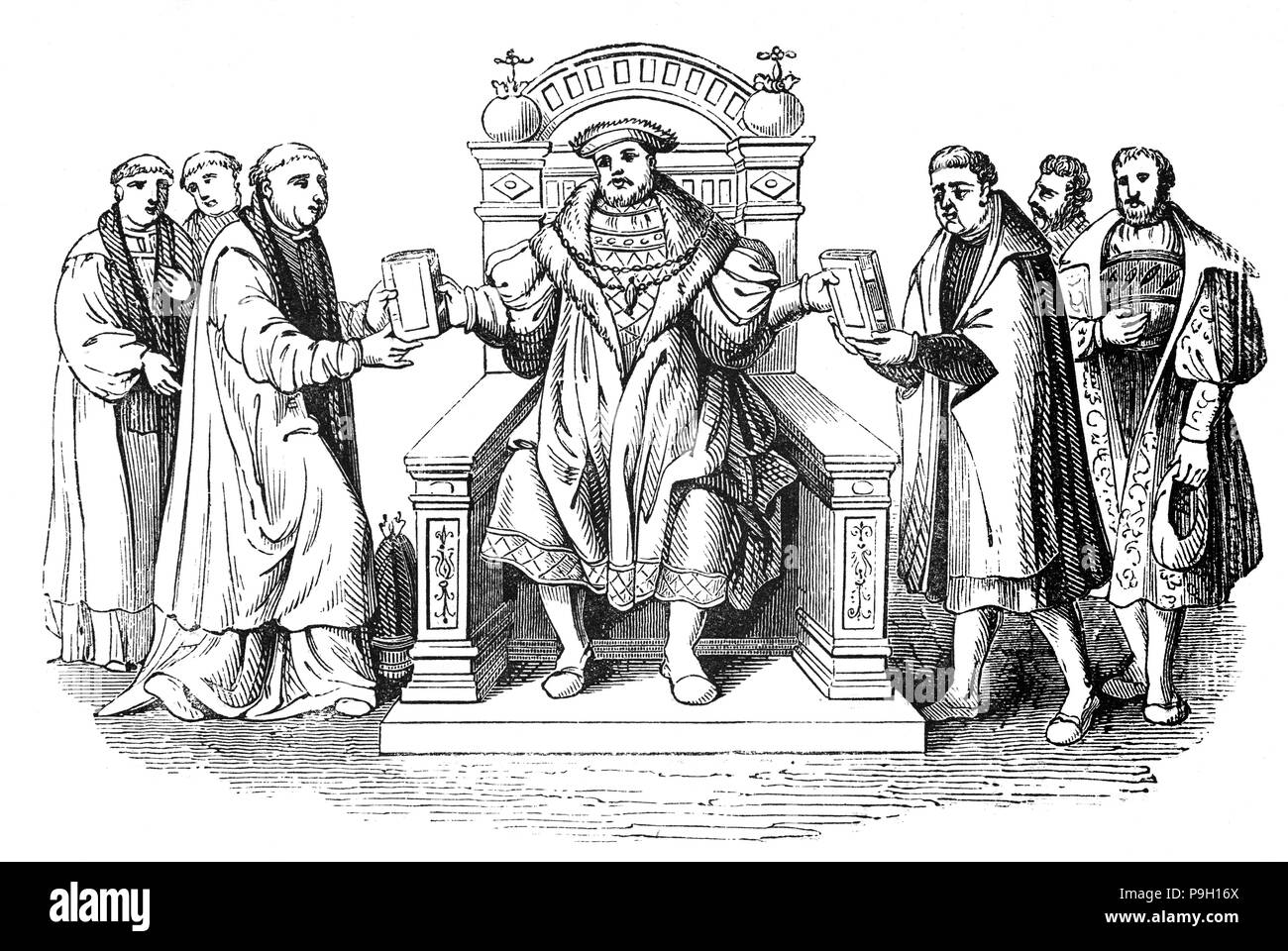 Il re Enrico VIII offrendo la grande Bibbia di 1539 di Thomas Cranmer e Thomas Cromwell. È stata la prima edizione autorizzata della Bibbia in lingua inglese da leggere a voce alta nella chiesa servizi della chiesa di Inghilterra. La grande Bibbia è stata preparata da Myles Coverdale, lavorando su commissione di Tommaso, Signore Cromwell, Segretario di Enrico VIII e Vicario Generale. La grande Bibbia include molto dalla Bibbia Tyndale, con le funzioni di discutibili rivisto. Era anche noto come incatenato la Bibbia, poiché è stato concatenati per impedire il distacco dalla chiesa. Foto Stock