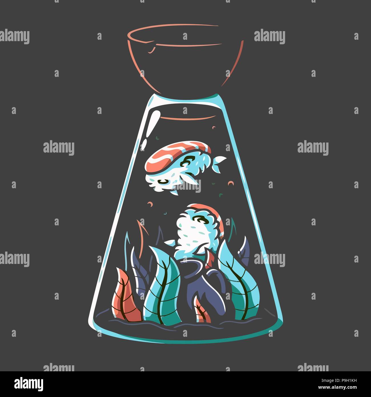 'Sushi Ocean' Arte digitale (vettore in base) nigiri sushi nuotare in una salsa di soia ocean Illustrazione Vettoriale